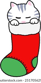 A cat with grey stripes and a pink nose, snugly tucked into a Christmas stocking, sleepy appearance. Its paws are resting over the top of the red stocking which has a green toe and heel.