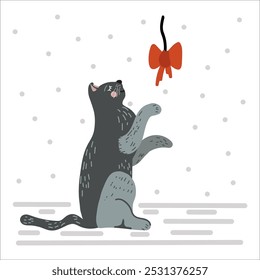 Cat grey textured sitting and playing with red bow on the thread. Illustration about domestic animal, relax and needlework. Cute and adorable vector artwork. 