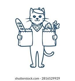 Cat grocer with bread and produce blue line illustration on white