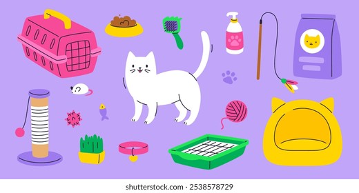 Cat with grooming accessories set. Cute vector grooming supplies collection. Colorful cats goods bundle.