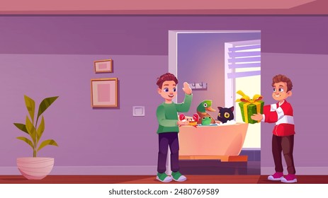 Cat grooming in bathtub. Children hold gift box with supplies. Spa appointment with foam, bubble, toy and shampoo for cute kitten. Duck wash in apartment bathroom. Friend groomer waving in corridor