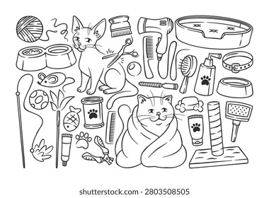 Cat Grooming Essentials Set Line Art