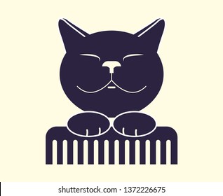 Cat  Grooming. Haircut, Combing And Grooming Pets. Monochrome Flat Icon, Logo For The Salon. A Contented Cat Holds A Comb. Flat Vector Illustration