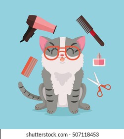Cat grooming. Happy cat character. Vector flat cartoon illustration