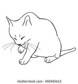 cat grooming herself line, cute cat illustration