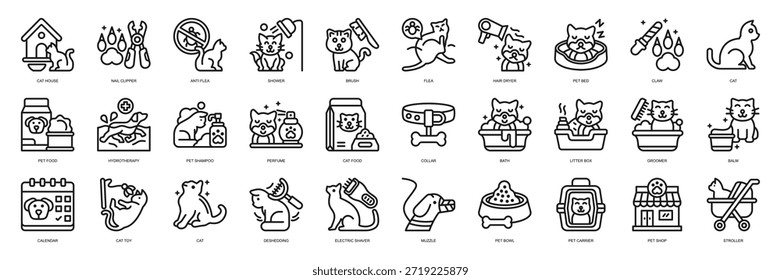 Estilo de línea de aseo para gatos. Contiene Casa de Gato, Cortaúñas, Anti Pulgas, Ducha, Cepillo, Pulga, Aseo
