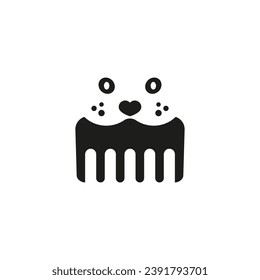 Plantilla de diseño del logotipo de preparación de gatos. Cara de gato con peine. Clíparte vectorial y dibujo. Ilustración aislada sobre fondo blanco.