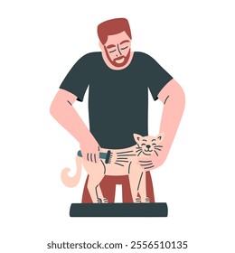 Cat grooming. The owner gives his pet a haircut. Vector illustration