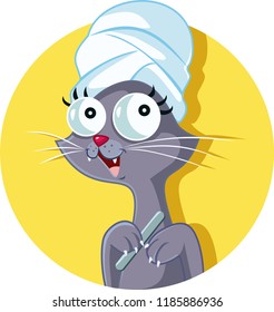Cat Grooming Salon Logo Mascot. Hilarious cute groomed kitten doing its manicure 
