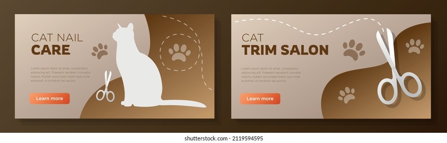 Cat grooming salon online banner template set, nail care service corporate advertisement, horizontal ad, kitten wellbeing shop campaign webpage, flyer, creative brochure, isolated on background.