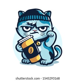 Cat Grumpy Bring Paper Cup of Coffee in Vector Illustration