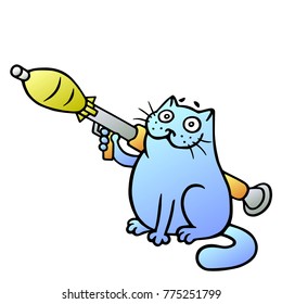 Cat guards with a grenade launcher. A dangerous animal. Vector Illustration. Cute cartoon blue pet.