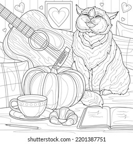 Cat, guitar and pumpkin on the bed.Coloring book antistress for children and adults. Illustration isolated on white background.Zen-tangle style. Hand draw