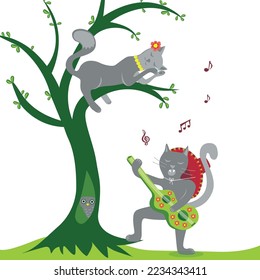 a cat with a guitar sings serenades for a kitty on a tree branch