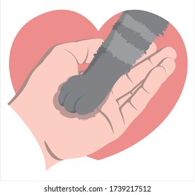 The cat gullibly put his paw on the open palm of a man. A cat's paw sticks out of a pot-bellied pink heart. Gray tabby cat. Vector flat design