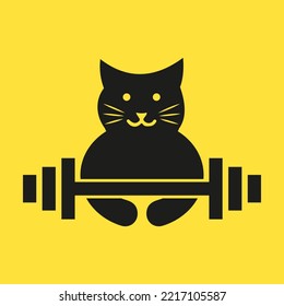 Cat Gym Logo Negative Space Concept Vector Template. Cat Holding Fitness Symbol