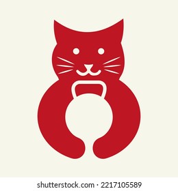 Cat Gym Logo Negative Space Concept Vector Template. Cat Holding Fitness Symbol