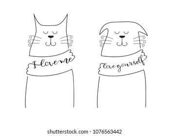Cat hag himself. Two cats. I love me. Love yourself. Line art. Vector illustration.