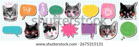 Cat halftone collage vector faces and speech bubbles set, Funny animal heads with empty text balloons