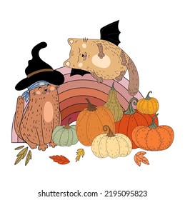 Cat and Halloween. Autumn. sticker. Card. Kitty. Pumpkin and flowers. Jack. Vector illustration. doodle. Flat style.