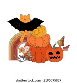 Cat and Halloween. Autumn. sticker. Card. Kitty. Pumpkin and flowers. Jack. Vector illustration. doodle. Flat style.