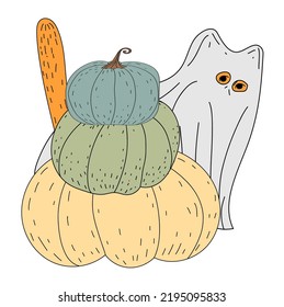 Cat and Halloween. Autumn. sticker. Card. Kitty. Pumpkin and flowers. Jack. Vector illustration. doodle. Flat style.