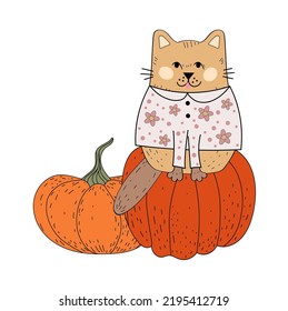 Cat and Halloween. Autumn. sticker. Card. Kitty. Pumpkin and flowers. Jack. Vector illustration. doodle. Flat style.