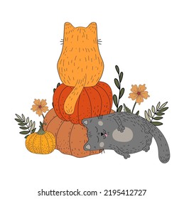 Cat and Halloween. Autumn. sticker. Card. Kitty. Pumpkin and flowers. Jack. Vector illustration. doodle. Flat style.