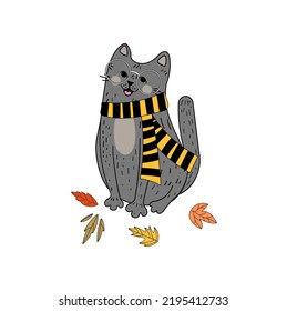Cat and Halloween. Autumn. sticker. Card. Kitty. Pumpkin and flowers. Jack. Vector illustration. doodle. Flat style.