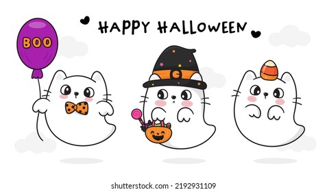 Cat Halloween cake. Cute Witch cartoon Ghost spooky (Kawaii vector). Trick or treat kids with bag and candy corn. Perfect make a wish for background, card, pattern, nursery wall and shirt design.
