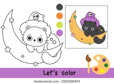 Cat Halloween card on magic moon (kitten cartoon) Coloring pages for kids Children activity. Kawaii drawing (trick or treaters). Perfect make a wish for Kid party, greeting card, nursery wall.