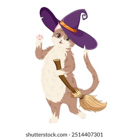 Cat in halloween costume. Cartoon vector character of kitten in a witch hat with broom. Cute pet in funny outfit for party, web, mascot. Isolated on white background