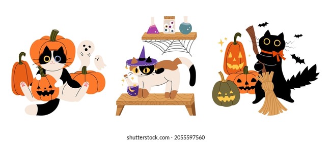 A Cat In A Halloween Costume. Halloween Concept Cute Vector Illustration.