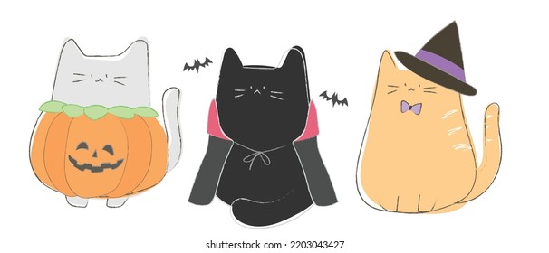 Cat in Halloween costume. Cute vector hand drawing, doodle set. Illustration. 