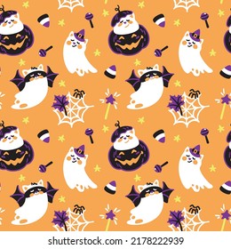 Cat in halloween costume. Kids pattern for halloween.  Seamless pattern for fabric, wrapping, textile, wallpaper, clothes. Vector.