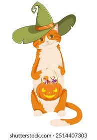 Cat in halloween costume with halloween sweet bucket. Cartoon vector character of kitten in a witch hat with pumpkin basket full of candies. Cute pet in funny outfit for party, web, mascot