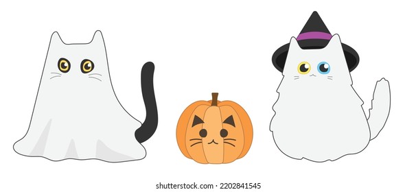 Cat in Halloween costume theme. Cat ghost, Jack-o'-lantern cat, cat with witch hat. Icon, vector set. Cute, hand-draw, cartoon.