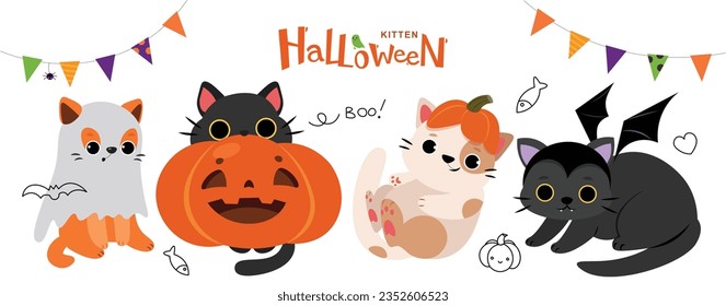 Gato con disfraces de Halloween. Una fiesta de disfraces de gatito.  