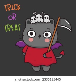 Cat Halloween evil costume baby kitten. Cute Witch cartoon character (Kawaii vector). Trick or treat kids. Perfect make a wish for background, card, pattern, nursery wall and shirt design.