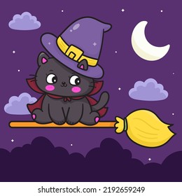 Cat Halloween Happy and broom. Cute Witch cartoon (Kawaii vector). Trick or treat kids. Perfect make a wish for background, card, pattern, nursery wall and shirt design.