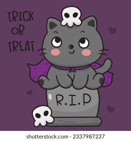 Cat Halloween with headstone kitten animal. Cute Witch cartoon character (Kawaii vector). Trick or treat kids. Perfect make a wish for background, card, pattern, nursery wall and shirt design.