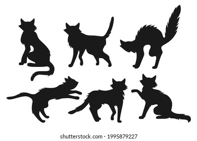 Cat Halloween horror black silhouette set. Creepy thin kitten, cute or scary wicked, old cats cartoon collection. Funny playing character pet kitty design. Vector illustration