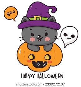 Cat Halloween on pumpkin jack o lantern with ghost and boo baby kitten animal. Cute Witch cartoon character (Kawaii vector). Trick or treat kids. Perfect make a wish for background, card, pattern.