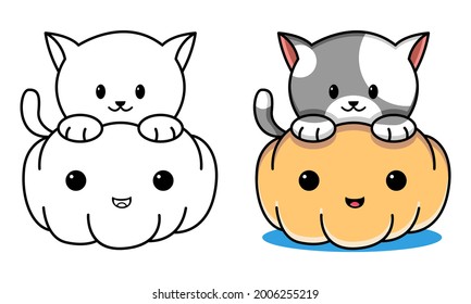 cat with halloween pumpkin coloring page for kids