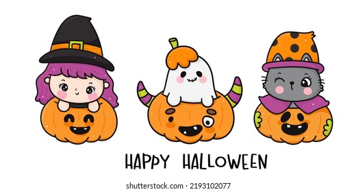 Cat Halloween Pumpkin. Cute Witch cartoon Ghost spooky (Kawaii vector). Trick or treat kids with bag and candy corn. Perfect make a wish for background, card, pattern, nursery wall and shirt design.