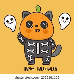 Cat Halloween pumpkin ghost costume baby kitten. Cute Witch cartoon character (Kawaii vector). Trick or treat kids. Perfect make a wish for background, card, pattern, nursery wall and shirt design.