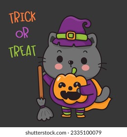 Cat Halloween with pumpkin jack o lantern and broom. Cute Witch cartoon character (Kawaii vector).Trick or treat kids. Perfect make a wish for background, card, pattern, nursery wall and shirt design.