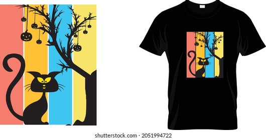 Cat Halloween t shirt. Halloween T Shirt illustration. High quality vector t-shirt design. Horns head devil t-shirt design