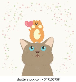 Cat, hamster and heart.  Vector illustration. Can be used in web design, printed on fabric/paper, as a background, or as an element in a composition or as Valentines day gift card