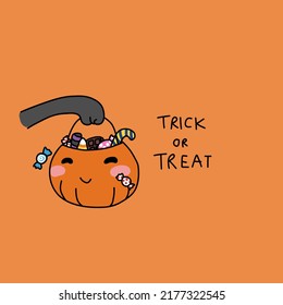 Cat hand carry candy pumpkin basket , Trick or treat cartoon vector illustration